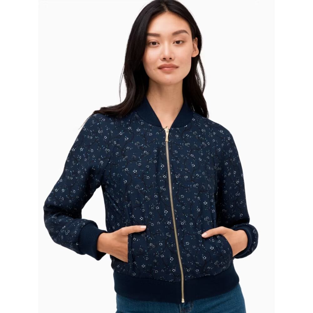 Kate Spade Out West Wild Roses Reversible Bomber Jacket Floral Blue Womens L